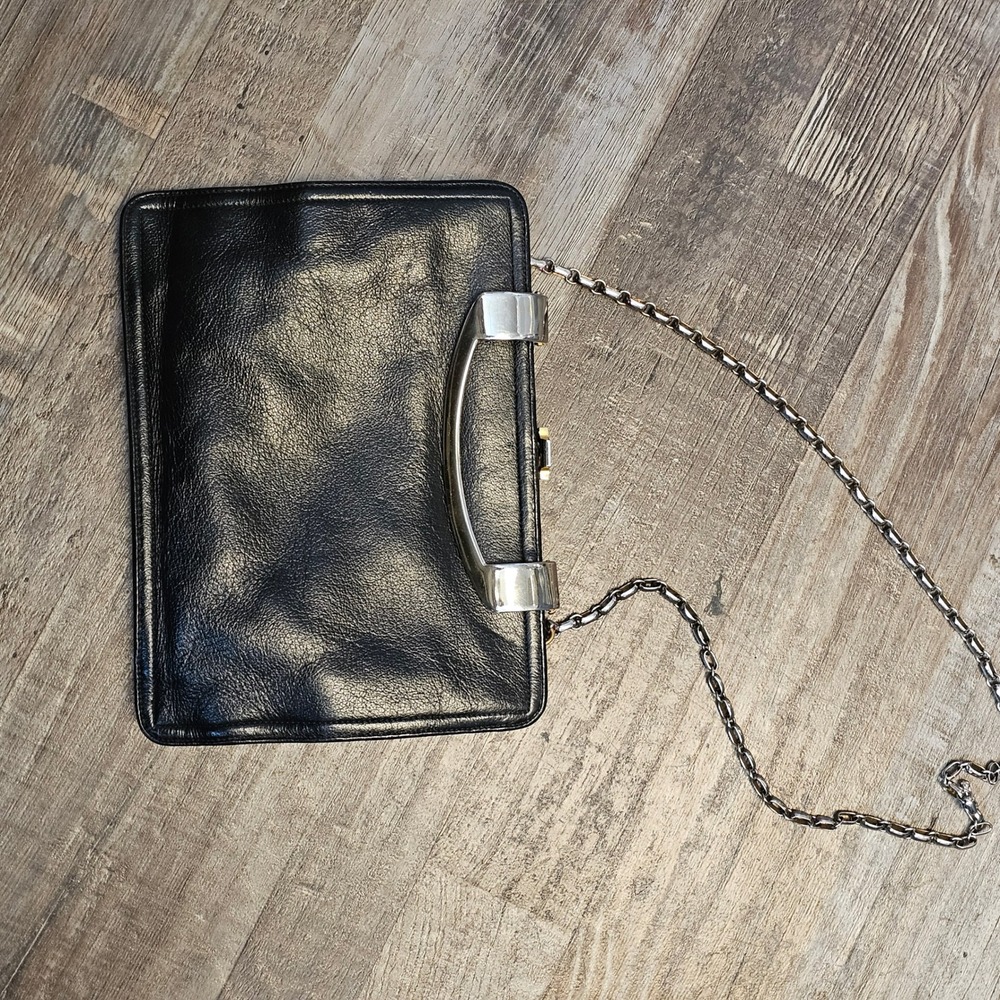 Morris Moskowitz Vintage Black Leather Clutch Gold Handle Chain Strap Bag